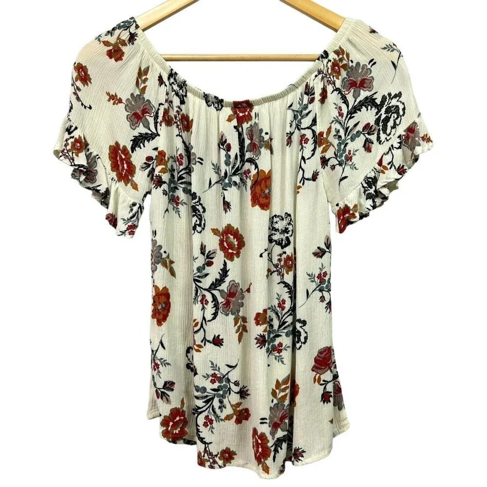 Knox Rose Boho Top Womens Size XS Neutral Floral Off the Shoulder Hippie
